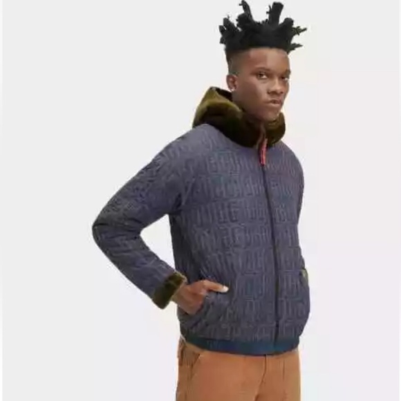 UGG Kairo Logo Reversible Faux Fur Hooded Zip Jacket Burnt Olive Unisex (Sz L) - Picture 4 of 9